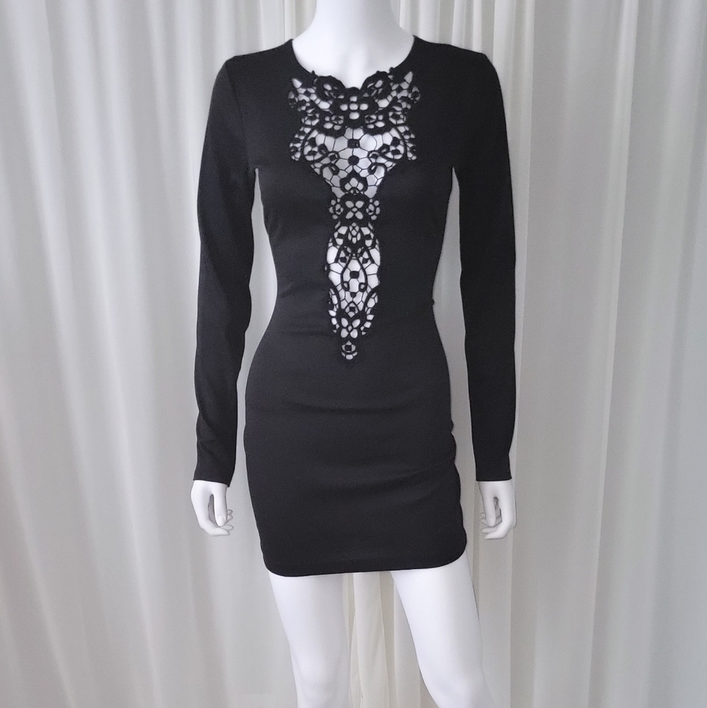 Dress The Population Mini • Sheer Knit Lace Top • Open Back • Long Sleeve • M - Picture 2 of 2